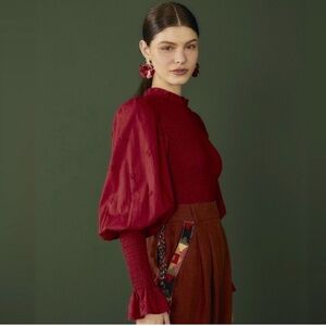 FARM RIO HEART SMOCKED RUFFLE BISHOP PUFF SLEEVE TOP SZ LARGE